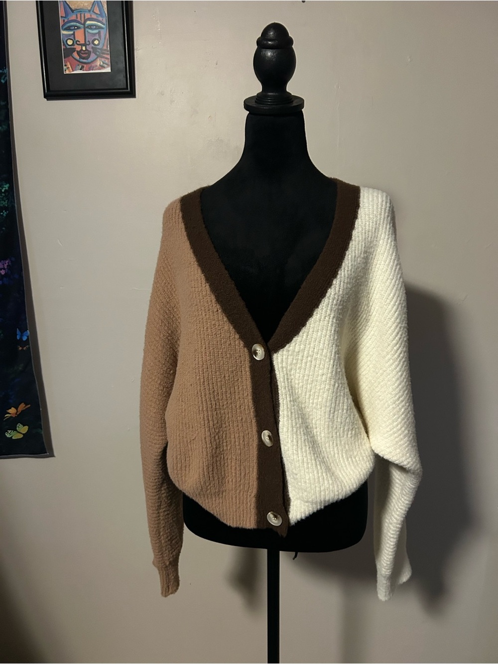 bohme Two-Tone Button-Front Cardigan in Brown & Cream